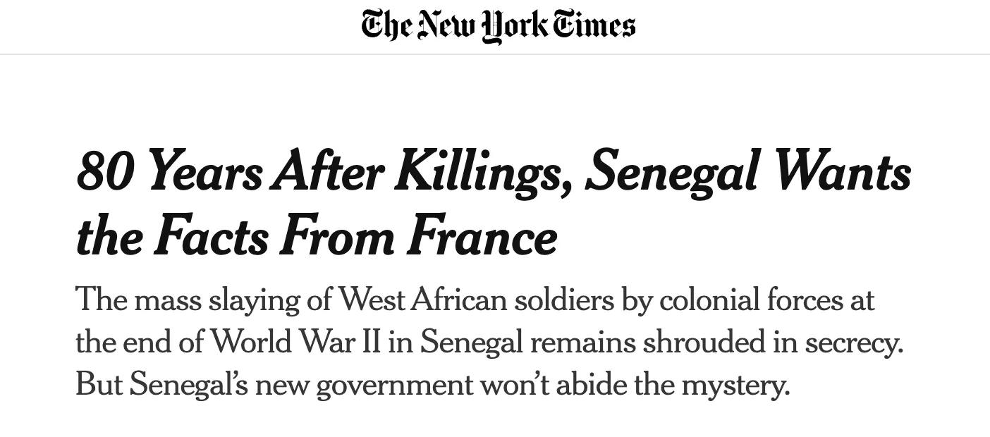 Screenshot of the New York Times article, "80 Years After Killings, Senegal Wants the Facts from France"