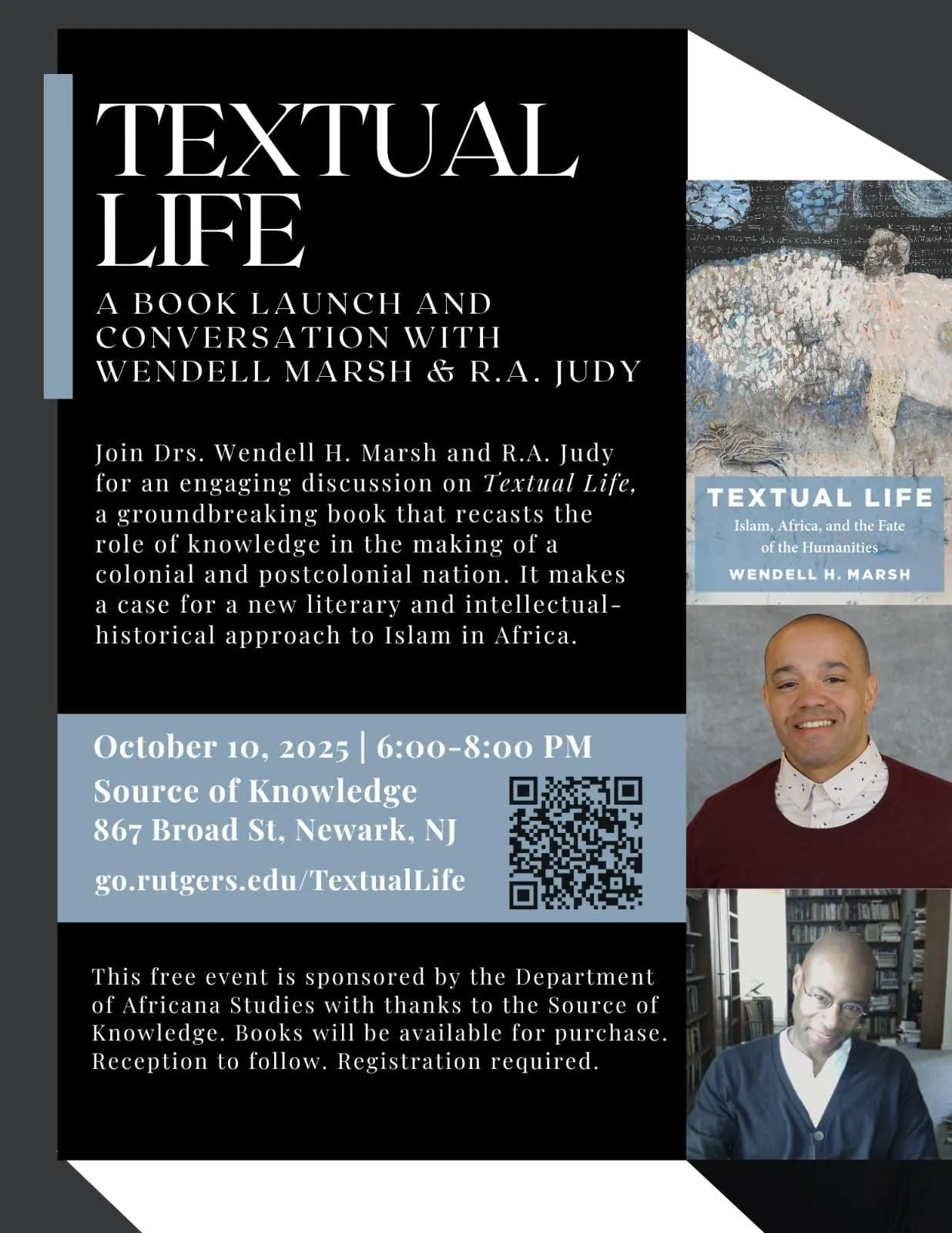 "Textual Life" book launch announcement on black background.