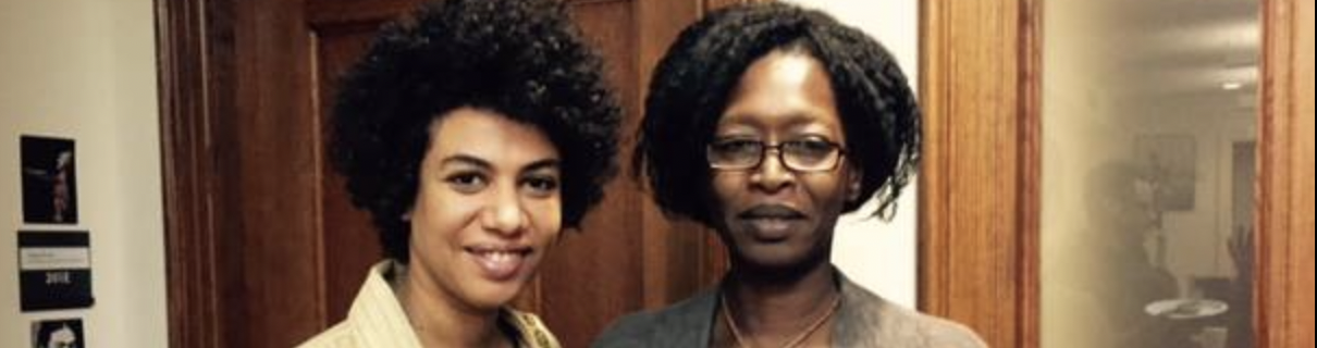 Facebook picture of two Black women caption reads Follow us on Facebook @columbiaafricanstudies