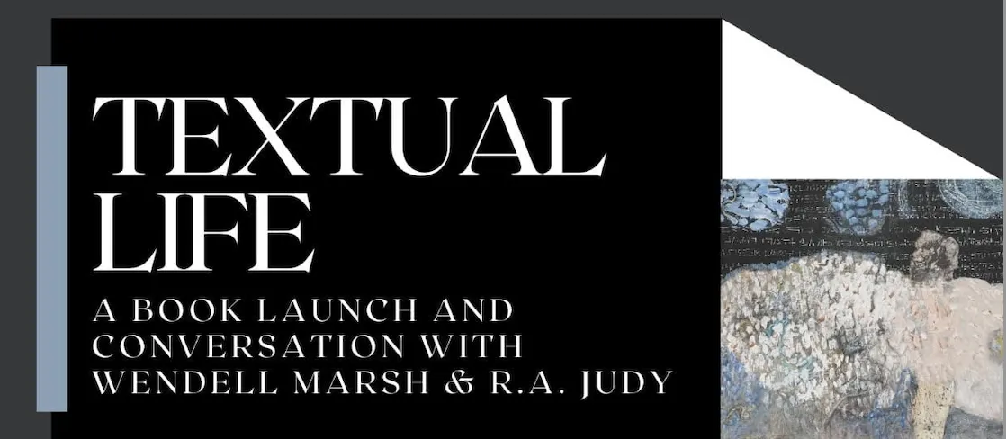 "Textual Life" book launch announcement on black background with part of the book cover.