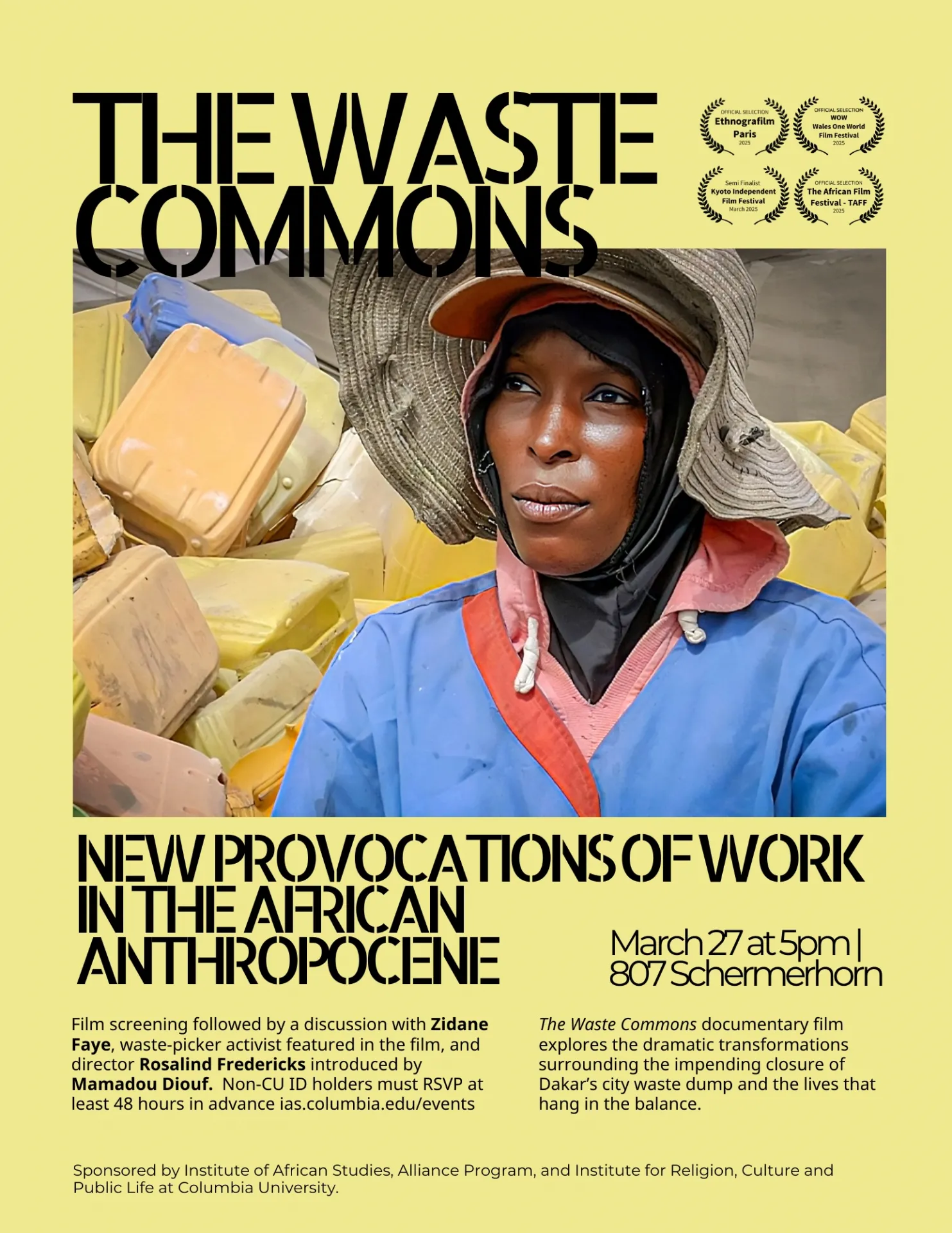 Yellow poster with a photo of a waste picker and event details.