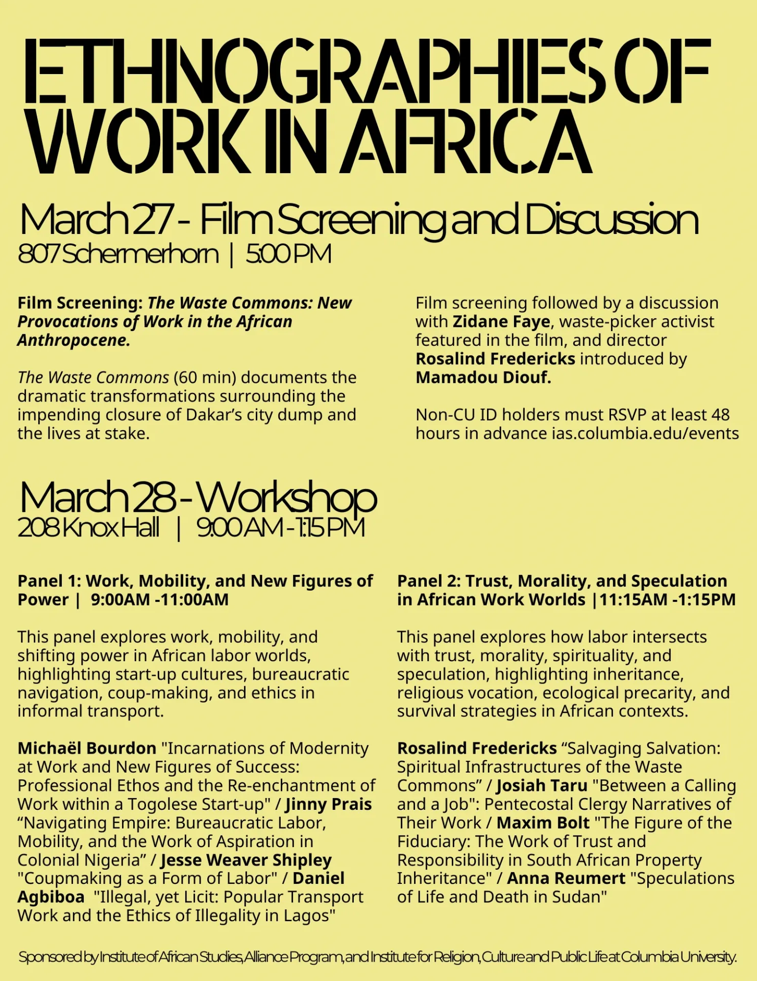 Yellow poster with the March 2025 event details for the Ethnographies of Work in Africa workshop.